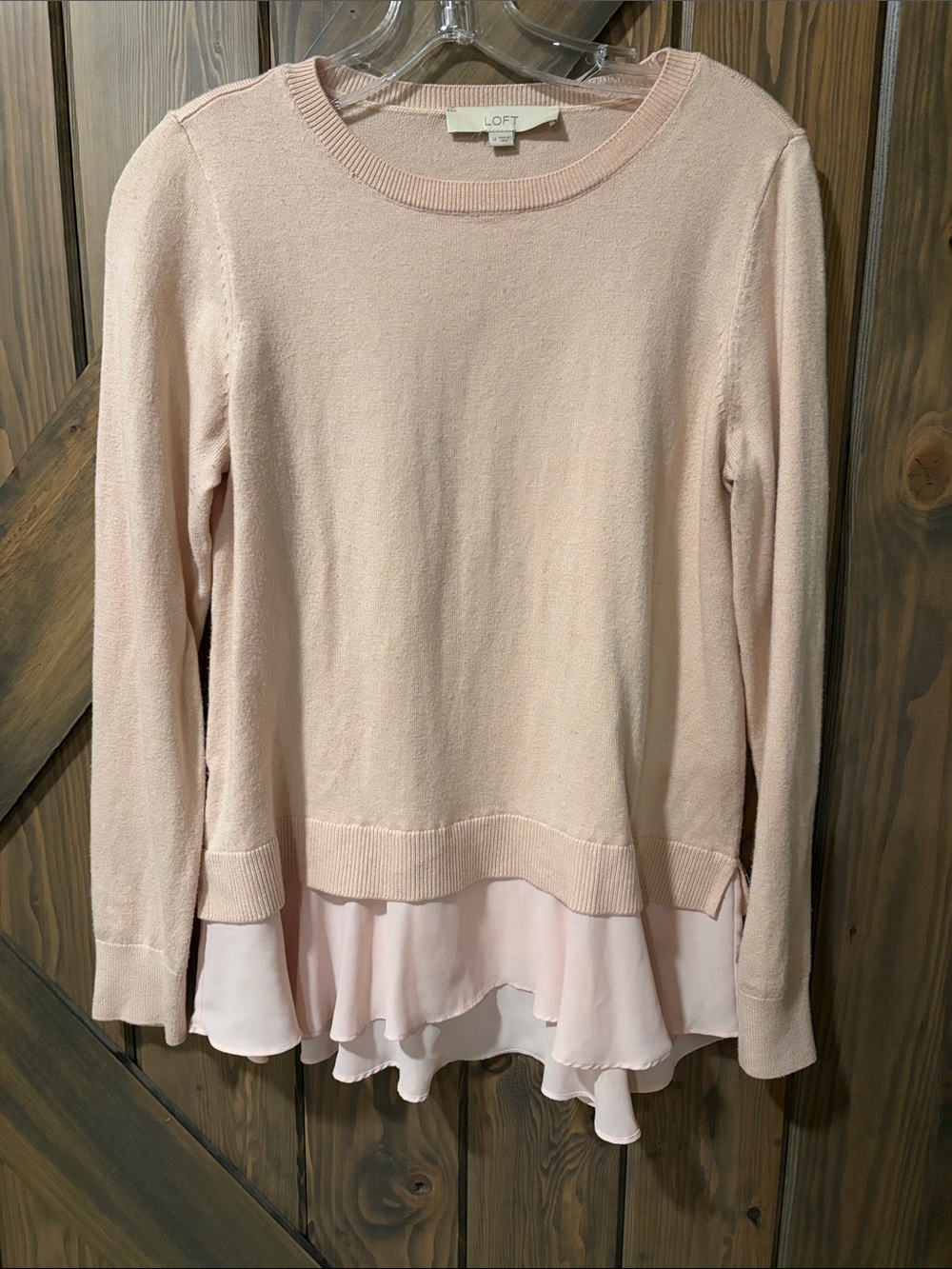 LOFT Blush Pink Crewneck Sweater with Chiffon Layered Hem